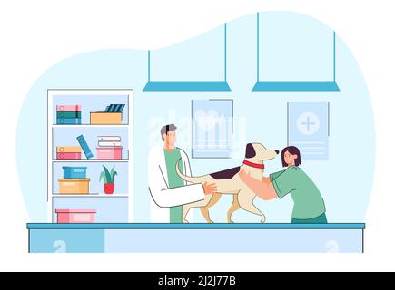 Smiling vet examining cute dog in veterinary clinic. Cartoon veterinarian surgeon treating pet in medical health center for domestic animals flat vect Stock Vector