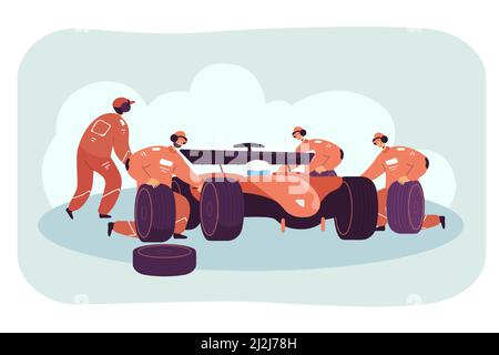 Team of mechanics repairing race car on pit stop. Racer in auto, technicians in uniform changing tires flat vector illustration. Formula racing, maint Stock Vector