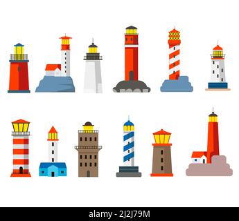 Set of colorful lighthouses cartoon vector illustration. Traditional towers standing by seaside, lighting way for ships isolated on white background. Stock Vector