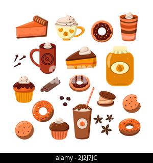 Tasty desserts and coffee cartoon illustration set. Pumpkin and chocolate pie, donut and muffins. Hot frappe, fall and Halloween drinks with spices is Stock Vector