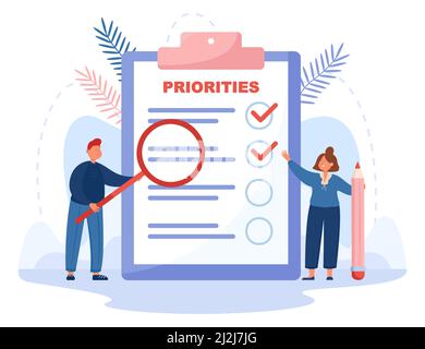 Tiny cartoon characters standing next to list of important tasks. People prioritizing work, progress flat vector illustration. Priority, addenda conce Stock Vector