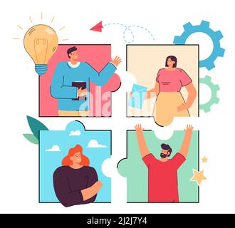 Business team working on project online via Internet. Flat vector illustration. Puzzle with people connecting and communicating on social media, in vi Stock Vector
