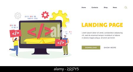Tiny people using open source platform. Characters holding script elements, computer flat vector illustration. Software, programming, technology conce Stock Vector