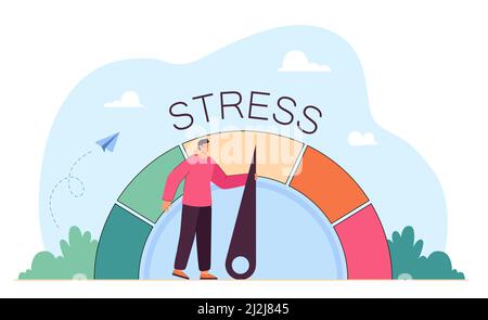Tired business person reducing level of stress. Cartoon character pulling arrow, measure of stress at work flat vector illustration. Stress, crisis, p Stock Vector