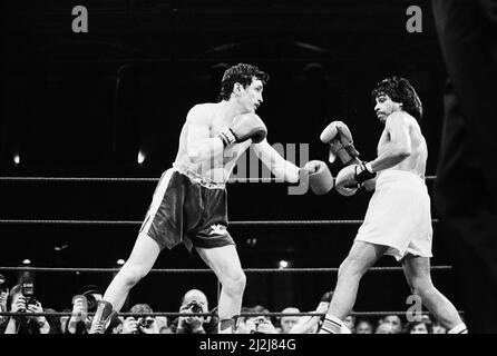 Barry McGuigan's comeback fight against Nicky Perez,  Alexandra Pavillion, London.This was McGuigan's first fight after losing his WBA World Title to Steve Cruz. McGuigan won by KO in round four. (Picture shows) Fight action. 4th April 1988. Stock Photo