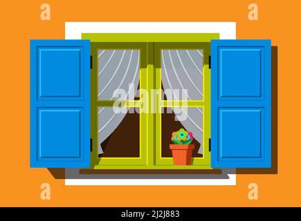 Vintage window with shutters, curtains, and flowerpot on orange wall background. Open retro window flat color vector illustration. Stock Vector