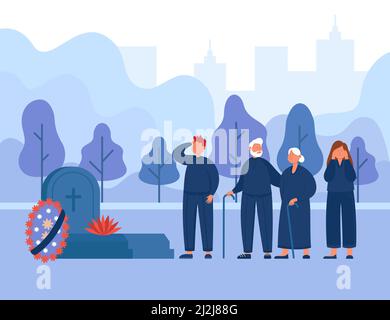 Upset family standing at the tombstone in the graveyard. Cartoon people in black mourning clothes at headstone flat vector illustration. Funeral, deat Stock Vector