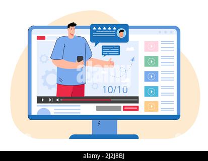 Video with blogger doing review of smartphone. Man recommending phone in vlog on his channel flat vector illustration. Advertising, technology concept Stock Vector