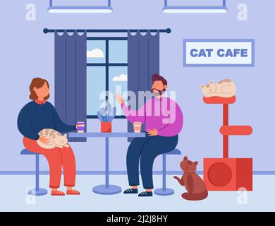 Young cartoon couple sitting in cat cafe and drinking coffee. Happy woman with cat on lap talking to man, cozy scene flat vector illustration. Pets, d Stock Vector