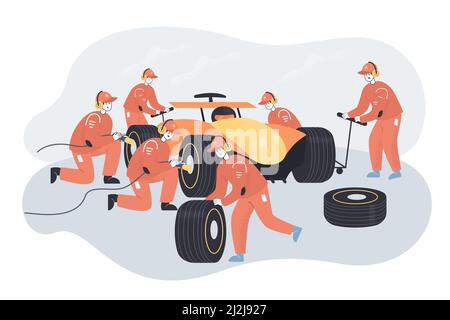 Car repair at sport races by professional team of mechanics. Racer and technicians in uniform repairing car on pit stop flat vector illustration. Main Stock Vector