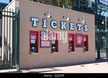 ANAHEIM, CALIFORNIA -10 MAR 2022: Centerfield ticket booth at Angel Stadium. Stock Photo