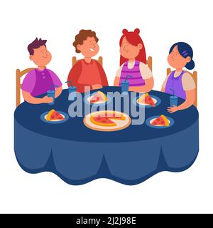 Cartoon children eating pizza for lunch together. Friends having breakfast or dinner at restaurant or cafe flat vector illustration. Fast food concept Stock Vector