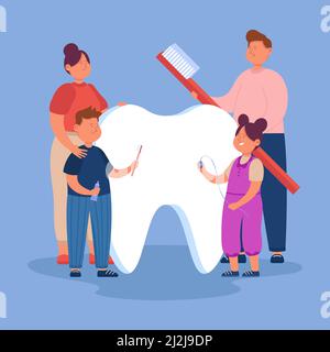 Cartoon family caring about giant tooth. Flat vector illustration. Happy mother, father, son and daughter brushing big white molar. Family, oral cavit Stock Vector