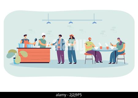 Cartoon homeless people eating food at refectory. Volunteers helping refugees in shelter at night flat vector illustration. Charity, poverty concept f Stock Vector