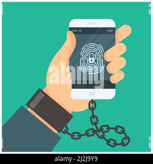 Internet addiction, hand chained with handcuff to smartphone, nomophobia concept, digital shadowing, social networks and media dependence, vector Stock Vector