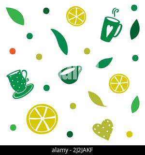 Green tea pattern seamless vector illustration with tea leaves, teacups, lemons, and dots, isolated on white background. Stock Vector