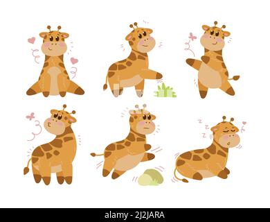 Adorable giraffe cartoon character vector illustrations set. Collection of watercolor drawings with cute baby animal in different poses on white backg Stock Vector