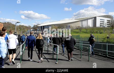 Brighton and Hove, UK. 2nd Apr, 2022. Fans make their way to the stadium during the Premier League match at the AMEX Stadium, Brighton and Hove. Picture credit should read: Paul Terry/Sportimage Credit: Sportimage/Alamy Live News Stock Photo