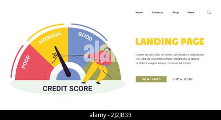 Businessman pulling speedometer from poor to good performance. Person changing credit report for better flat vector illustration. Credit score, custom Stock Vector