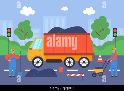 Cartoon workers paving road on highway. Engineers repairing asphalt at site, men in uniform at work flat vector illustration. Construction, repair con Stock Vector