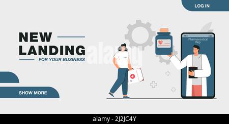 Doctor and pharmacist collaborating flat vector illustration. Pharmaceutical representative handing out medicines to health worker through screen. Hea Stock Vector