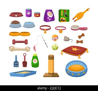 Food and accessories for pets vector illustrations set. Collection of different items for pet store, treats and toys for cats, dogs and birds isolated Stock Vector