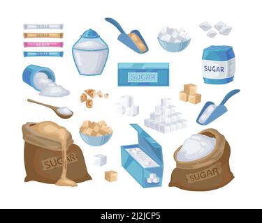 Granulated and cube sugar cartoon illustration set. Bag, block, pack and stick of brown and white sugar. Sugar in spoon and bowl isolated on white bac Stock Vector