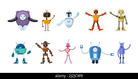 Happy toy robot cartoon characters flat vector illustrations set. Cute old and futuristic bots waving, childish cyborgs or assistants for kids on whit Stock Vector