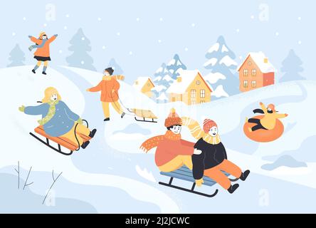 Happy cartoon kids sliding down hill on sleds. Snow falling, children having fun while sledding down slide flat vector illustration. Winter activities Stock Vector