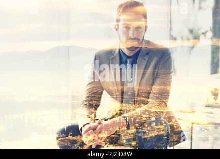Life in the city. Composite image of a well-dressed man superimposed on an image of a city at night. Stock Photo