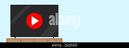 TV with a red play button on a screen, standing on a cabinet on light blue wall background. Television horizontal vector banner with copy space. Stock Vector
