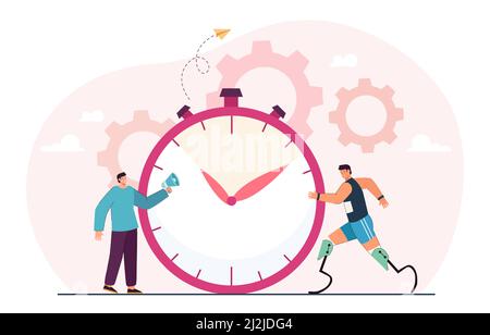 Man announcing in megaphone race of paralympian athlete. Tiny person with prosthesis training near stopwatch flat vector illustration. Disability conc Stock Vector