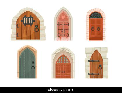 Medieval castle doors cartoon illustration set. Heavy old wooden gates to dungeon or portal in stone arch, entrance to ancient tower or fortress. Buil Stock Vector