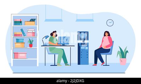 Pregnant woman in hospital flat vector illustration. Cheerful female character at appointment with gynecologist after ultrasound screening. Healthcare Stock Vector