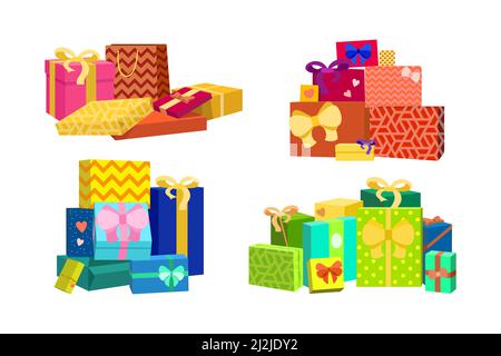 Pile of colorful wrapped gift boxes cartoon illustration set. Blue, red, yellow birthday, Christmas or Xmas presents with ribbons for friends or famil Stock Vector