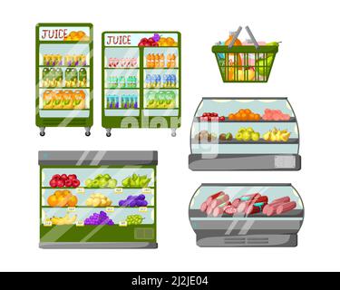 Refrigerators and racks with food vector illustrations set. Fridges and shelves with juice boxes, snacks, fruits for supermarket, grocery store, shop, Stock Vector