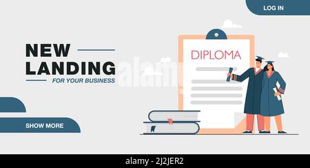 Tiny graduates standing next to clipboard with diploma. Happy couple in academic dresses and graduation cap flat vector illustration. Education concep Stock Vector
