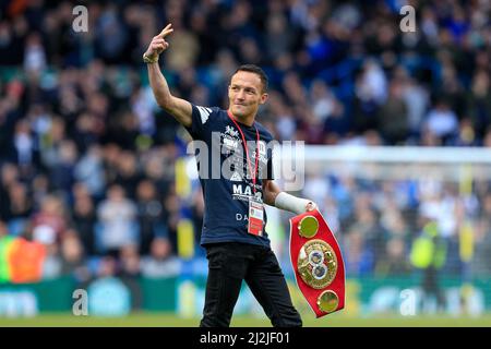 Leeds, UK. 02nd Apr, 2022. Josh Warrington walks out onto the field at Elland Road displaying his IBF featherweight belt ahead of this afternoon's game in Leeds, United Kingdom on 4/2/2022. (Photo by James Heaton/News Images/Sipa USA) Credit: Sipa USA/Alamy Live News Stock Photo