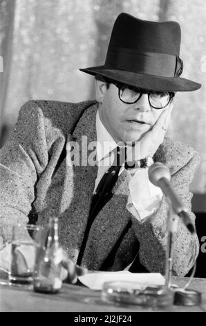 Elton John, pictured during a press statement about his £2 Million sale of Watford FC. 8th December 1987. Stock Photo