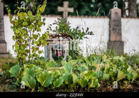 A view of a cemetery with green plants and gravestones Stock Photo