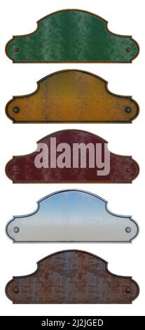Five old blank signs isolated on white 3D rendering Stock Photo