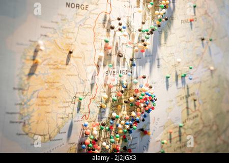 Push pins on the Scandinavian map from above Stock Photo