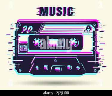 Cassette with glitch effect isolated on white. Vector illustration Stock Vector