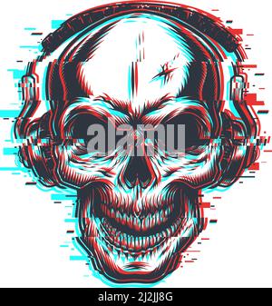 Skull with headphones in glitch effect. Vector illustration Stock Vector