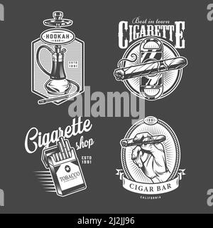 Vintage hookah and cigar bar logos with shisha cigar guillotine pack of cigarettes in monochrome style isolated vector illustration Stock Vector