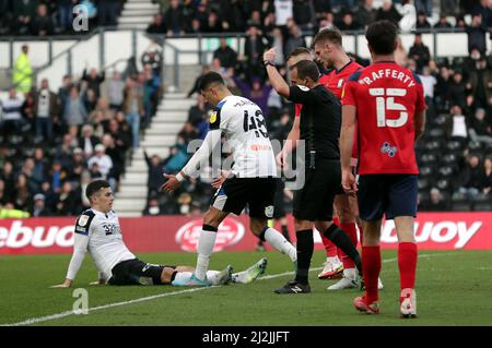 Preston North End's Liam Lindsay is shown a red card after fouling Derby County's Tom Lawrence during the Sky Bet Championship match at Pride Park, Derby. Picture date: Saturday April 2, 2022. Stock Photo