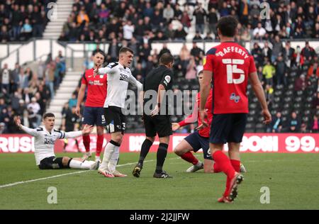 Preston North End's Liam Lindsay is shown a red card after fouling Derby County's Tom Lawrence during the Sky Bet Championship match at Pride Park, Derby. Picture date: Saturday April 2, 2022. Stock Photo