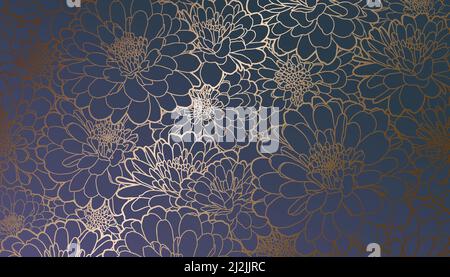 Golden metallic foiled contour chrysanthemum flowers on dark gradient purple blue green background. Decorative print for wallpaper, wrapping, textile, fabric, wedding invitation, greeting Stock Vector