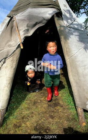 Mongolia. The Dukha (Tsaatan) are a small culture of reindeer herders living in northern Khövsgöl Aimag of Mongolia. Stock Photo