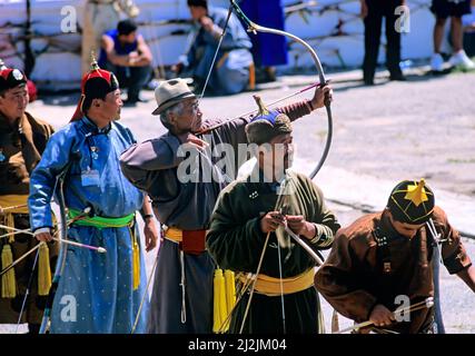 Ulaanbaatar stadium, Mongolia. Naadam is a traditional type of festival in Mongolia. Archery competition Stock Photo